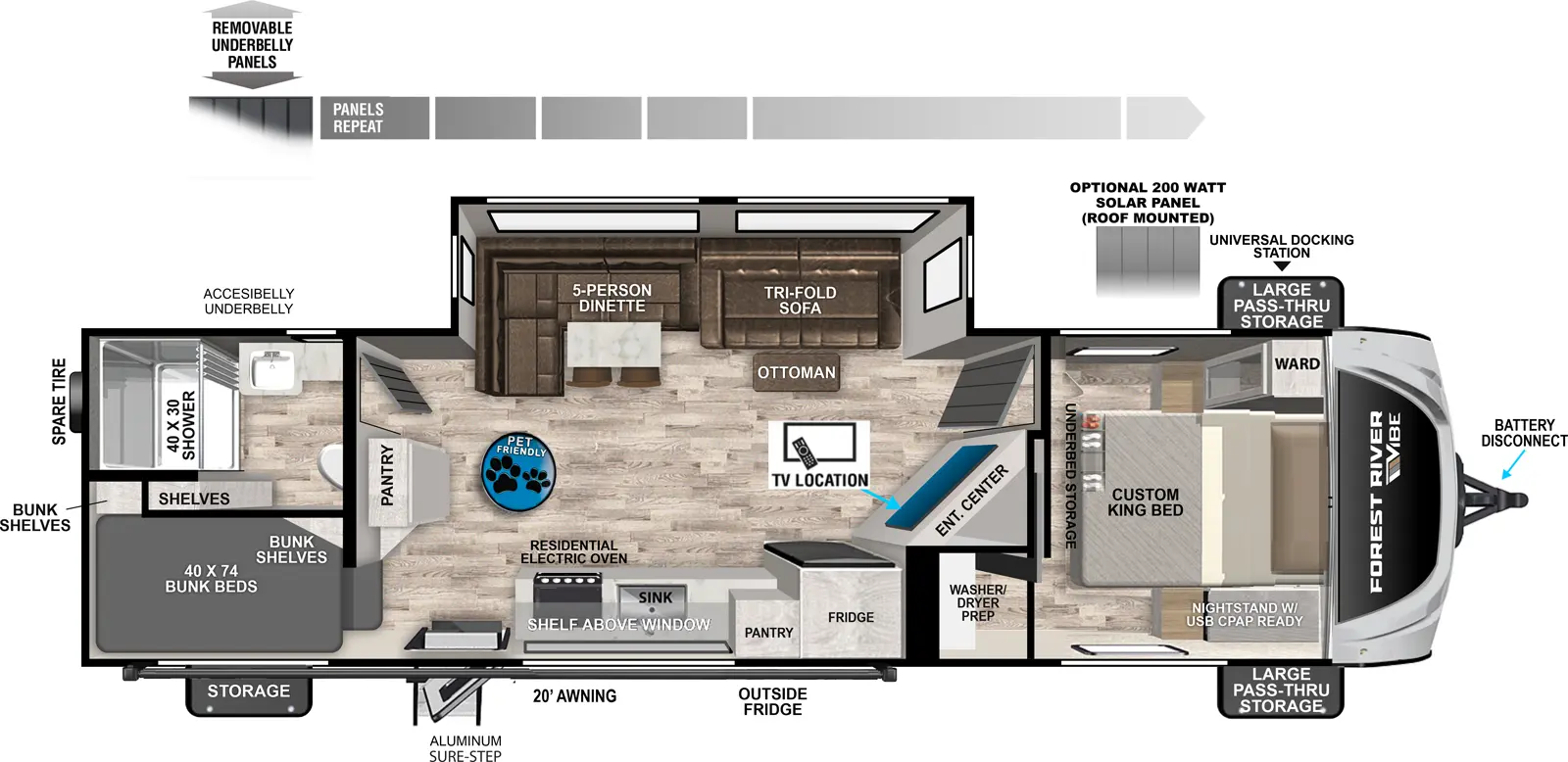 The Vibe 2600BH floorplan has one entry and one slide out. Exterior features include: fiberglass exterior and 20' awning. Interiors features include: bunk beds and front bedroom.